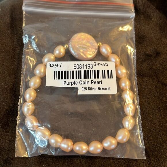 NWT PURPLE COIN KESHI PEARL & PEACH FRESHWATER STRETCH PEAL BRACELET IN SS. - Picture 11 of 15
